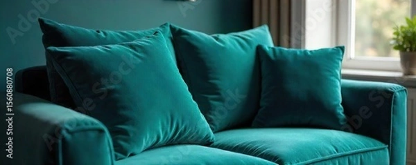 Obraz Deep Teal Velvet Cushion Luxurious Comfort and Elegance for Living Spaces