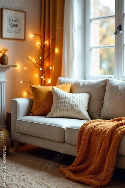 Obraz Cozy Autumn Living Room Warm Throw Pillows, Knit Blanket, Fairy Lights Create Relaxing Atmosphere
