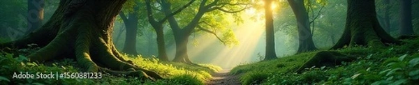 Obraz Sun-Dappled Ancient Forest Tranquil Green Canopy, Mossy Trees, Peaceful Landscape