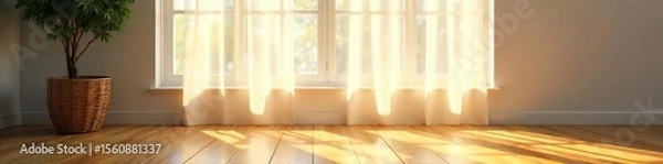 Obraz Serene Sunlight Streaming Through Sheer Blinds, Casting Soft Shadows on a Wooden Floor Peaceful Home Decor Image