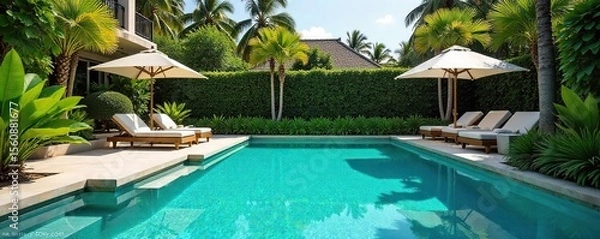 Obraz Luxurious Poolside Paradise Shimmering Turquoise Water and Lush Greenery