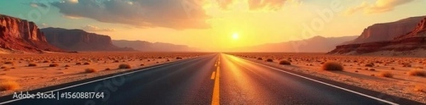 Obraz Sun-baked Desert Highway Endless Asphalt Ribbon Cutting Through Desolate Landscape Under Vast Cloudless Sky. Heat Shimmers Highlight Harsh Beauty of Mountains and Horizon.