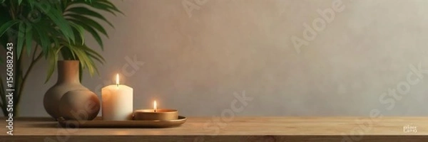 Obraz Elegant Minimalist Candlestick on Wooden Surface  Creating a Sophisticated and Warm Ambiance in Home Interiors. Perfect for Blogs, Websites, and Home Decor Catalogs.