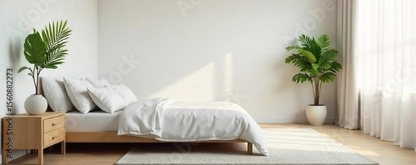 Obraz Serene Minimalist Bedroom Soft Light Illuminates a Simple White Bed, Natural Wood Nightstand, and Greenery