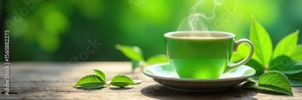 Obraz Steaming Cup of Vibrant Green Herbal Tea A Relaxing Wellness Scene Illuminated by Soft Natural Light, Featuring Lush Green Leaves. Perfect for health, wellness, and relaxation themes.