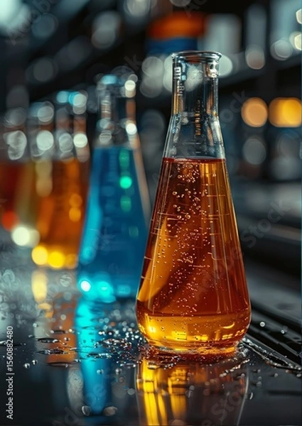 Obraz Close-up of a conical flask filled with amber liquid,  with water droplets on a dark surface; multiple other flasks of varying colors, a scientific laboratory scene, evocative of a science laboratory 