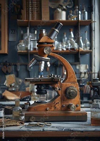 Obraz Vintage antique brass microscope on a cluttered lab table
