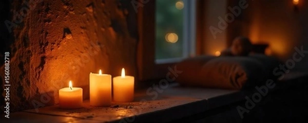 Obraz Warm Candlelight Illuminates Dark Room, Casting Soft Shadows Cozy, Intimate Ambiance Perfect for Relaxation, Meditation, or Romantic Settings