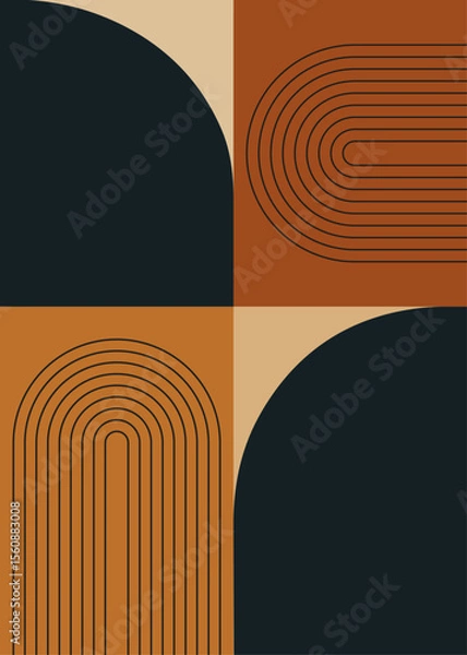 Obraz modern abstract art earthy colors. Minimalist colorful geometric shapes with arcs and lines, rectangles, boho style vector background decoration. Orange, blue, beige, yellow