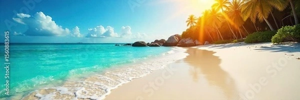 Obraz Pristine Beach Paradise Golden Sunlight Bathes a Tranquil Shoreline of Crystal-Clear Turquoise Waters, Smooth White Sand, and Gentle Waves ? The Perfect Escape