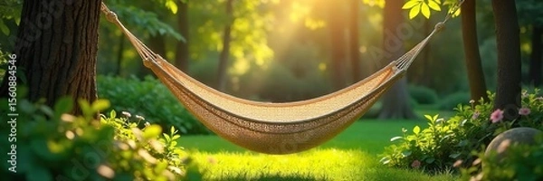 Obraz Serene Hammock Swaying Gently in Lush Green Garden Bathed in Warm Sunlight Perfect for Relaxation, Vacation, and Well-being Imagery