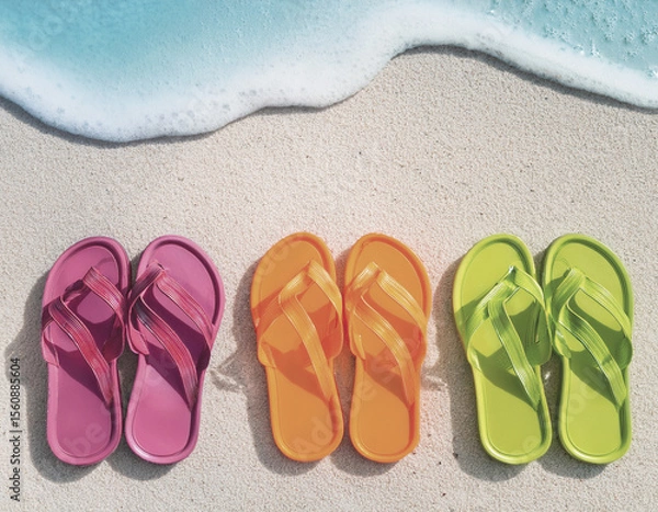 Fototapeta A row of jelly sandals in neon colors on a white sand beach, captured in flat lay