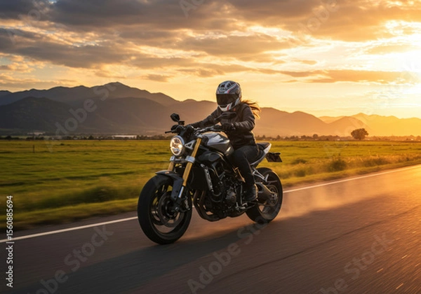 Fototapeta Motorcycle at sunset. Road Adventure