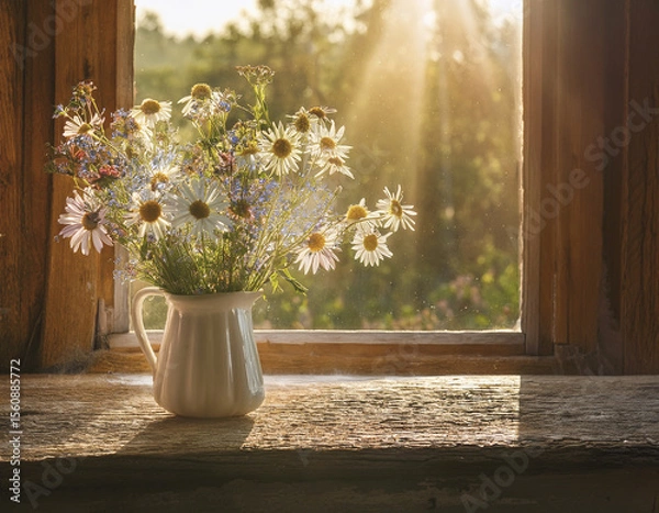 Fototapeta A beam of afternoon sun hits a vase of wildflowers on a rustic windowsill, dust particles dancing in the air.