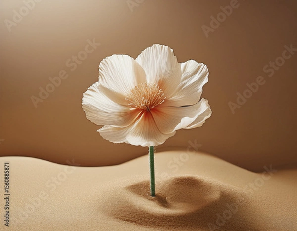 Fototapeta A desert flower emerging from the sand, its delicate petals reaching upward as the sunlight pours down from above