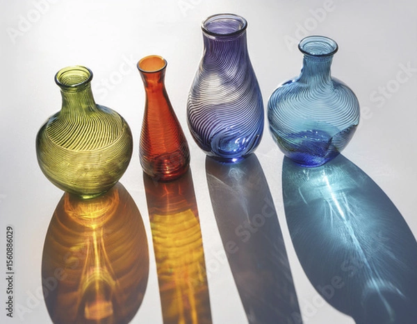 Fototapeta A group of colored glass vases casting rainbow shadows on a white floo