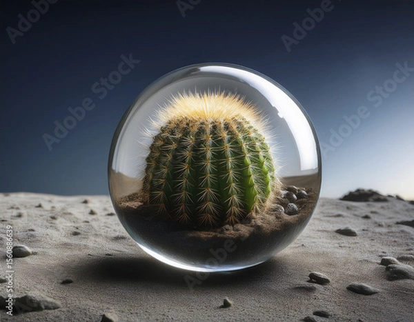 Fototapeta Cactus in a glass orb on a lunar surface