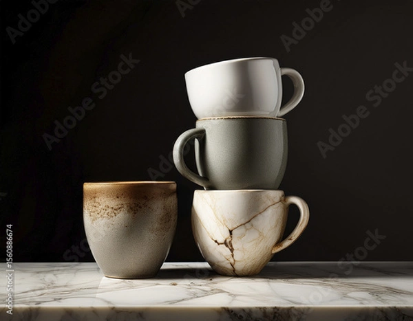 Fototapeta Ceramic mugs stacked unevenly on a cracked marble pedestal with harsh studio lighting
