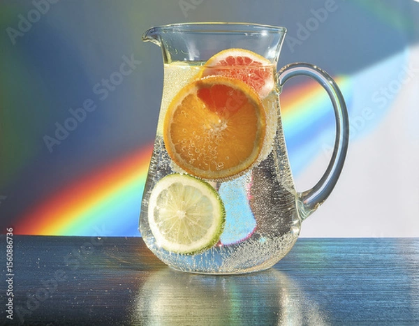 Fototapeta Citrus slices submerged in sparkling water in a crystal pitcher, with rainbow refraction on the table