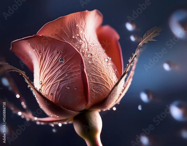 Fototapeta Face emerging from a rosebud with dewdrops and glittering veins