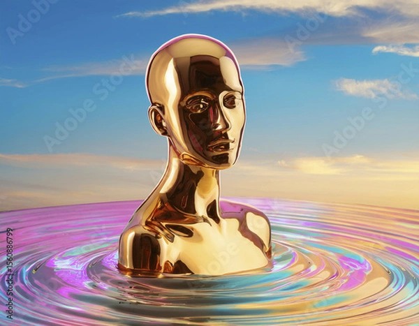 Fototapeta Golden mannequin melting into a pool of holographic liquid under pastel sky
