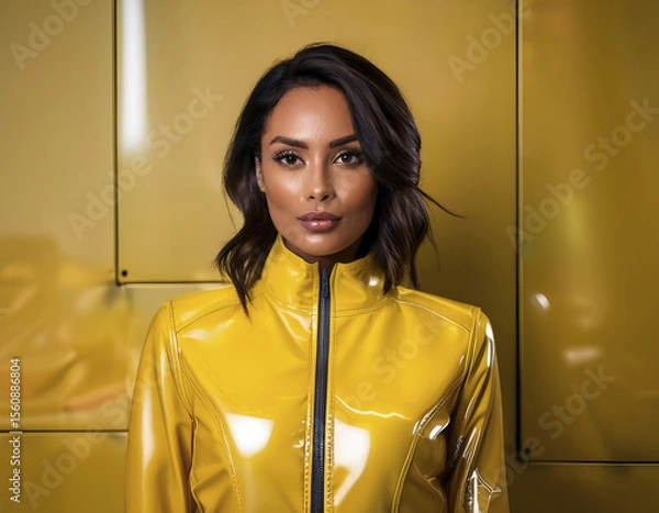 Fototapeta Close-up portrait of a futuristic female model wearing a glossy yellow latex high-collar jacket.