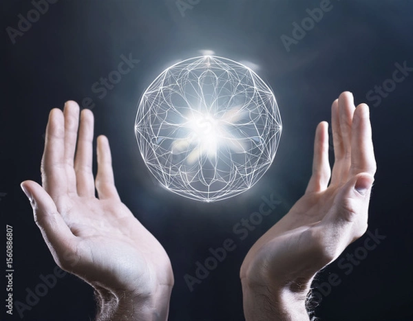 Fototapeta Hands opening to reveal a glowing sacred geometry orb