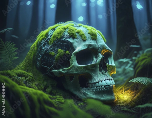 Fototapeta Moss-covered skull glowing in bioluminescent forest