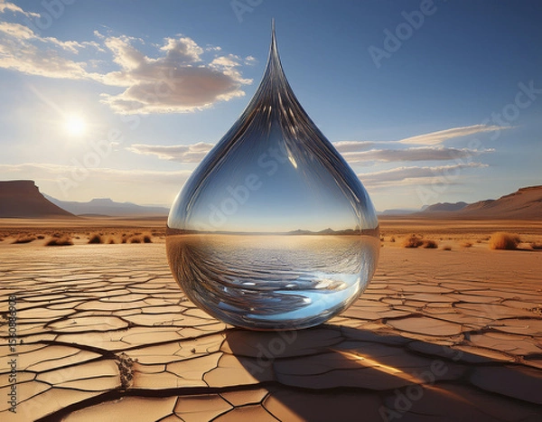Fototapeta Oversized glass teardrop floating in a dry desert with reflections of the sky