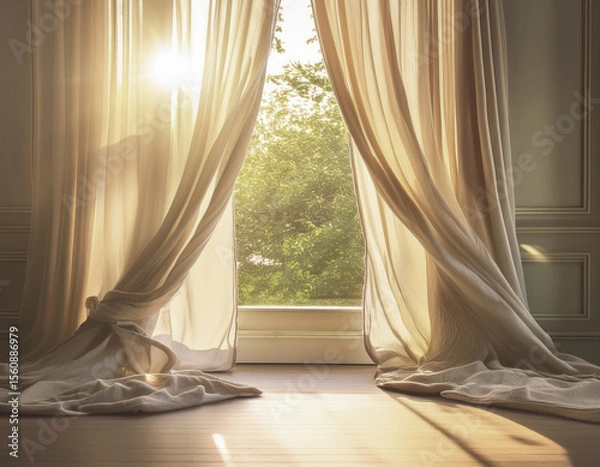 Fototapeta Soft linen curtains billowing in a summer breeze, backlit by a window framed in golden light