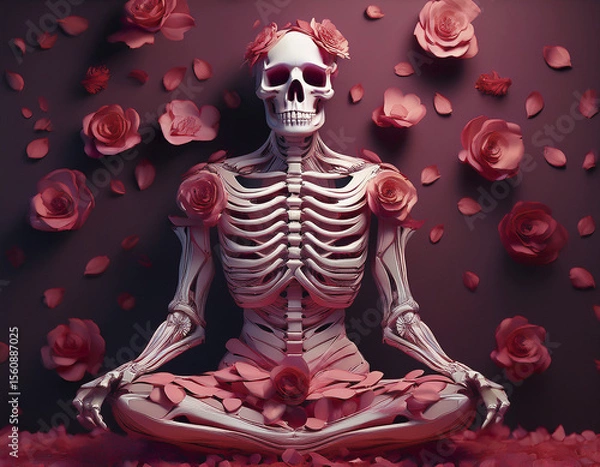 Fototapeta Skeleton made of rose petals, seated in lotus position.