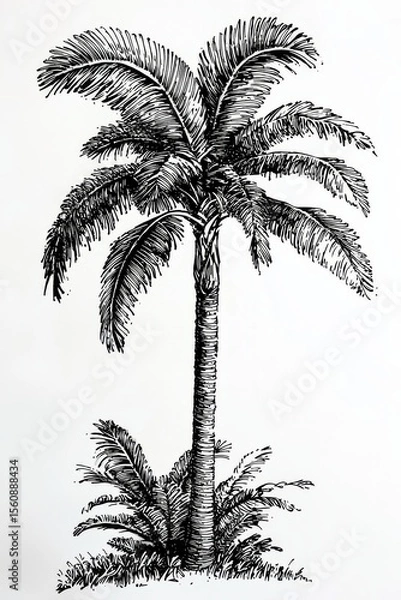 Fototapeta Curved leaves of a palm tree illustrated in retro style.
