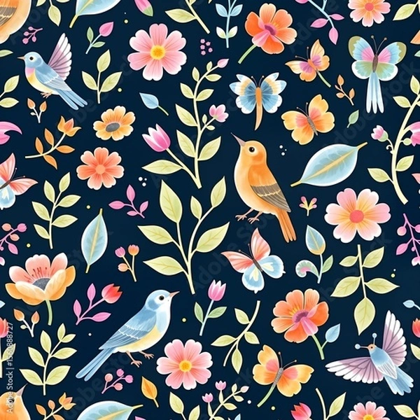Fototapeta A vibrant and whimsical digital illustration featuring a dark blue background with a repeating pattern of colorful flowers and butterflies. The flowers are in various shades of pink, yellow, and orang