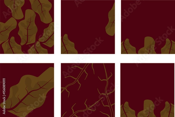 Fototapeta Seamless vector pattern with stylized leaves and branches on a rich burgundy background. Ideal for textiles, wrapping paper, and fall-themed designs, with a hand-drawn, earthy feel.