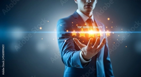Obraz Businessman showcasing top service quality with glowing stars.