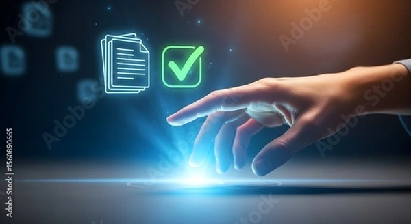 Obraz Hand interacts with digital document approval interface.