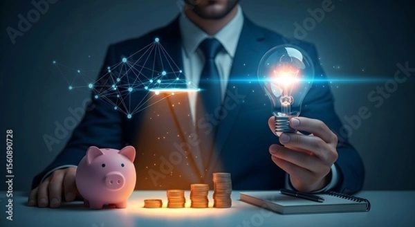 Obraz Businessman holding a glowing lightbulb, symbolizing innovative financial ideas.