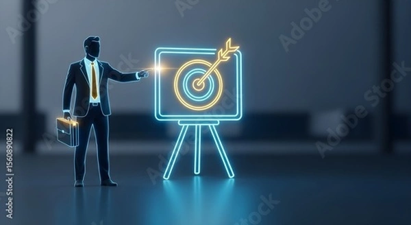 Obraz Businessman points to a digital target on a neon presentation board. Achieving goals, success concept.