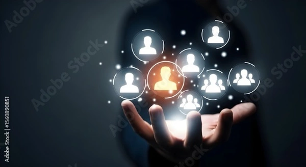 Obraz Person holding glowing network icons.  Digital connection concept.