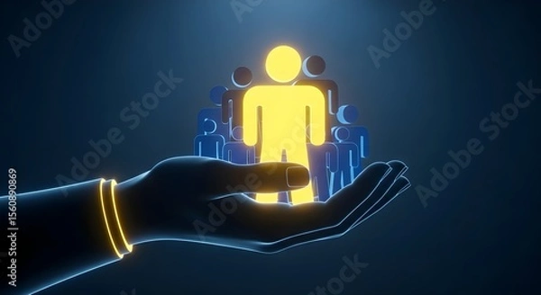 Obraz A glowing human figure representing leadership, supported by a team, rests gently in an open palm.