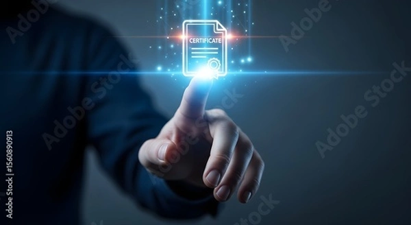 Obraz Person's fingertip touches a digital certificate.