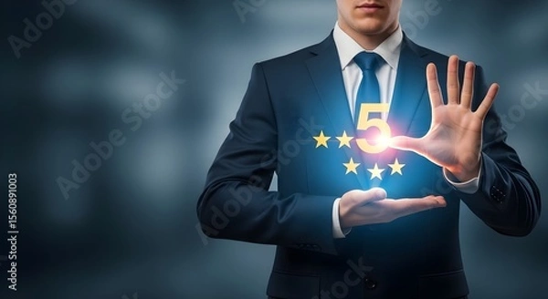 Obraz Businessman holding a five-star rating.  Success and excellence.