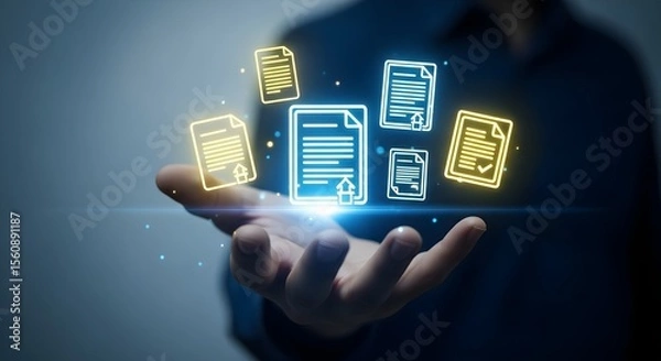 Obraz Person's hand displays digital documents, showcasing seamless data management.