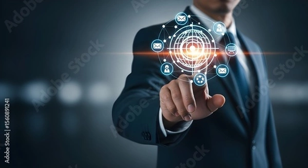 Obraz Businessman interacts with a digital interface, showcasing global networking and communication.