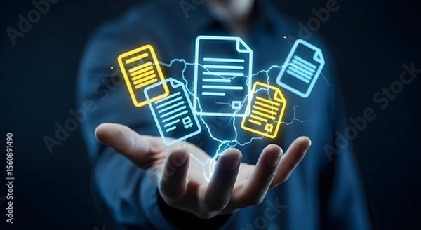 Obraz Person's hand holding glowing digital documents.