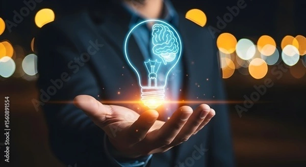 Obraz Person holding a glowing lightbulb with a brain inside, symbolizing a new idea.