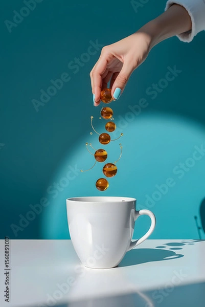 Fototapeta Woman's hand dropping amber beads into a white cup on a blue background with copy space
