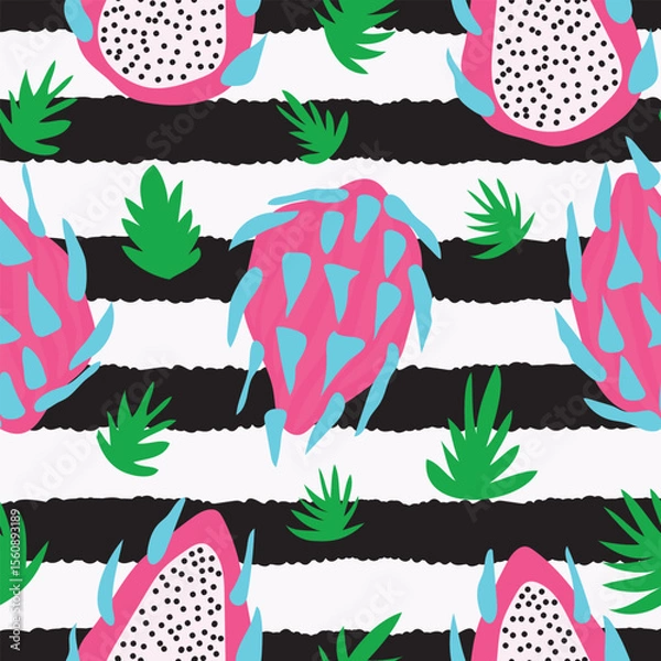 Fototapeta dragon fruit slices with green leaves and deformed stripes seamless pattern. Pitaya fruit with leaves placed on black abstract stripes seamless pattern. It is good for fabric, textile, decoration.