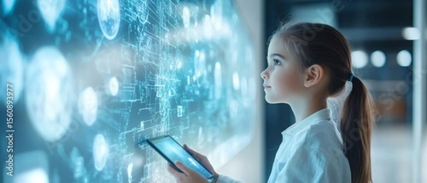 Fototapeta Young girl exploring digital world using tablet