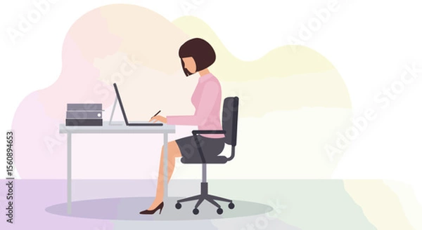 Fototapeta A female professional is diligently working on her laptop at a clean desk, depicted in a modern flat design illustration suitable for business and web development projects.